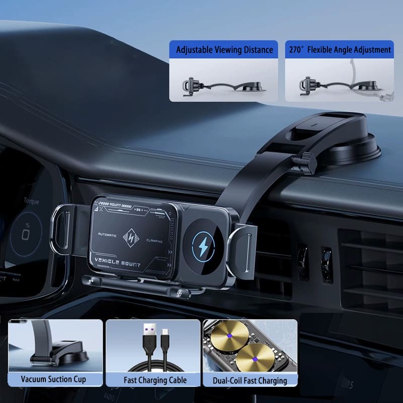15W Wireless Charging Car Mount for Mobile Phone or Tablet – 90° Rotation, Stable & Adjustable