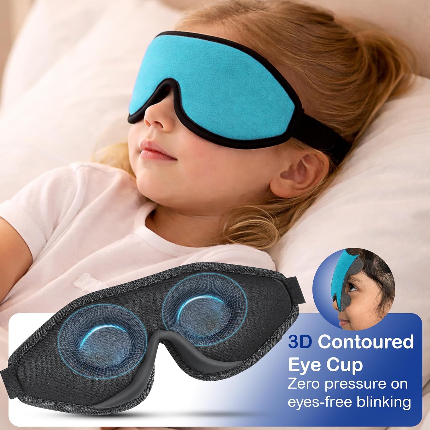 3D Sleep Mask for Kids, Light Block Sleeping Blindfold Memory Foam Contoured Eye Mask for Sleep, Adjustable Strap Eye Cover and Travel Sleep Mask for Boys Girls