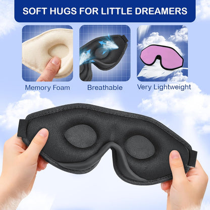3D Sleep Mask for Kids, Light Block Sleeping Blindfold Memory Foam Contoured Eye Mask for Sleep, Adjustable Strap Eye Cover and Travel Sleep Mask for Boys Girls