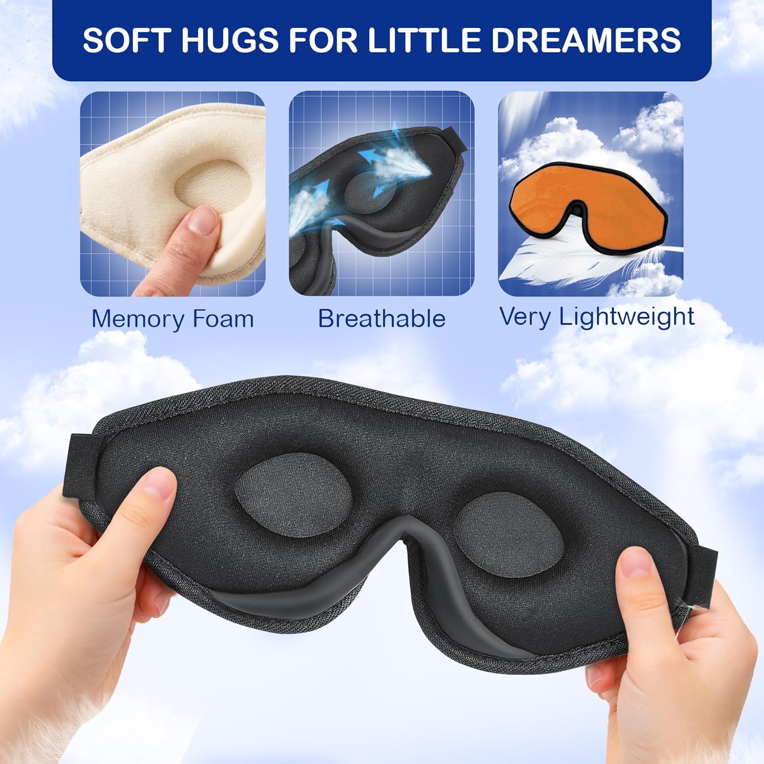 3D Sleep Mask for Kids, Light Block Sleeping Blindfold Memory Foam Contoured Eye Mask for Sleep, Adjustable Strap Eye Cover and Travel Sleep Mask for Boys Girls