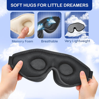 3D Sleep Mask for Kids, Light Block Sleeping Blindfold Memory Foam Contoured Eye Mask for Sleep, Adjustable Strap Eye Cover and Travel Sleep Mask for Boys Girls