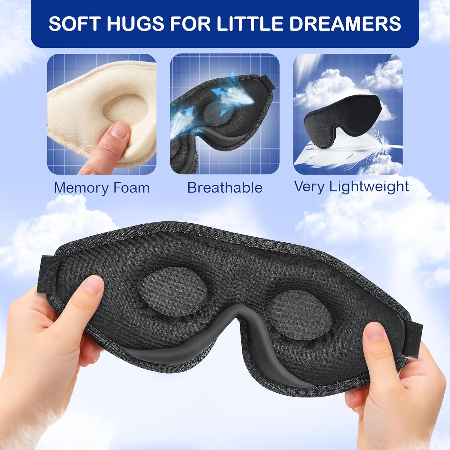 3D Sleep Mask for Kids, Light Block Sleeping Blindfold Memory Foam Contoured Eye Mask for Sleep, Adjustable Strap Eye Cover and Travel Sleep Mask for Boys Girls
