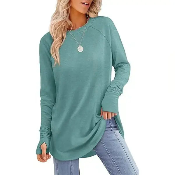 Womens Tunic Tops to Wear with Leggings Long Sleeve Thumb Hole Shirts Crew Neck Curved Hem