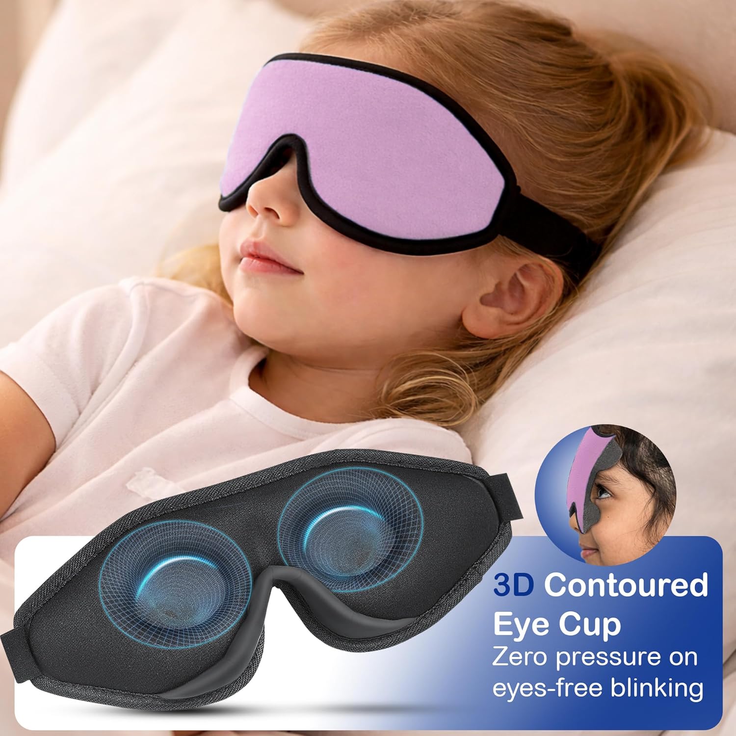 3D Sleep Mask for Kids, Light Block Sleeping Blindfold Memory Foam Contoured Eye Mask for Sleep, Adjustable Strap Eye Cover and Travel Sleep Mask for Boys Girls
