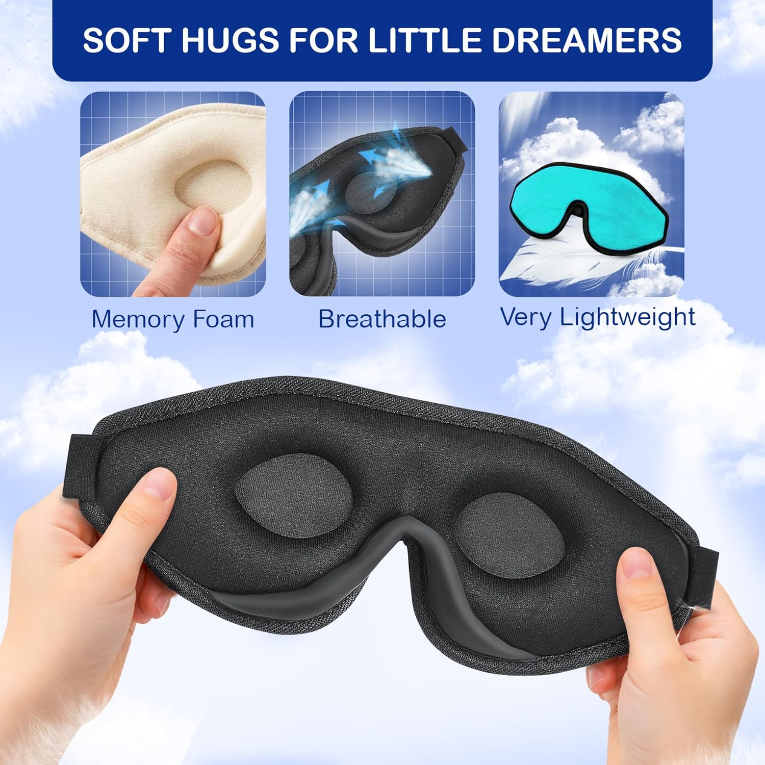 3D Sleep Mask for Kids, Light Block Sleeping Blindfold Memory Foam Contoured Eye Mask for Sleep, Adjustable Strap Eye Cover and Travel Sleep Mask for Boys Girls