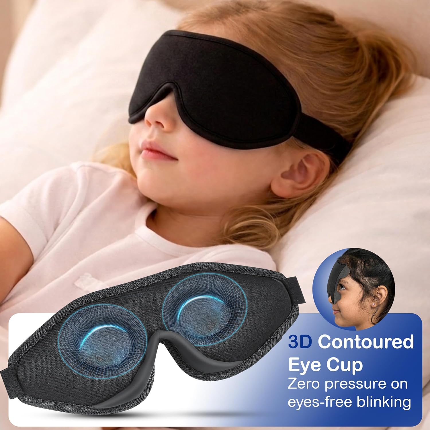 3D Sleep Mask for Kids, Light Block Sleeping Blindfold Memory Foam Contoured Eye Mask for Sleep, Adjustable Strap Eye Cover and Travel Sleep Mask for Boys Girls