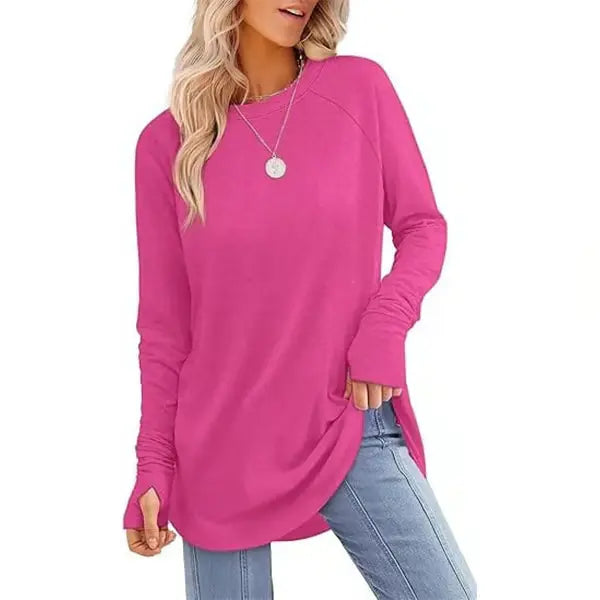 Womens Tunic Tops to Wear with Leggings Long Sleeve Thumb Hole Shirts Crew Neck Curved Hem