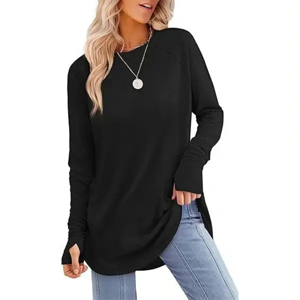 Womens Tunic Tops to Wear with Leggings Long Sleeve Thumb Hole Shirts Crew Neck Curved Hem