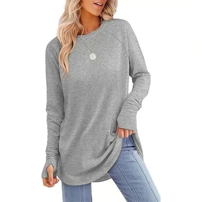 Womens Tunic Tops to Wear with Leggings Long Sleeve Thumb Hole Shirts Crew Neck Curved Hem