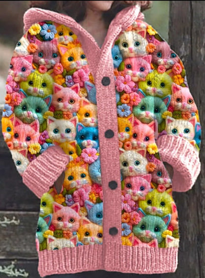 Springtime Feline Fantasy Hooded Cardigan