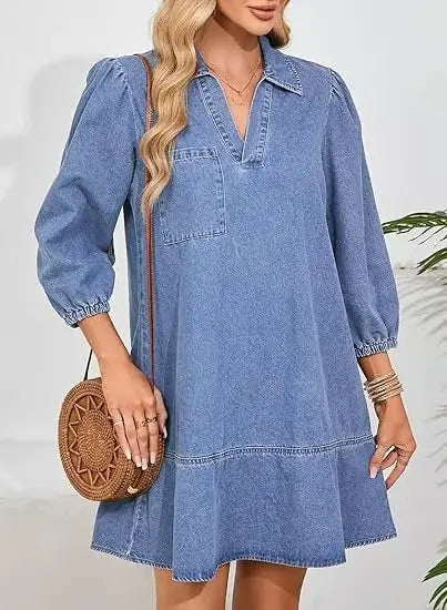 V-Neck Denim Dress — Where Comfort Meets Classic Style