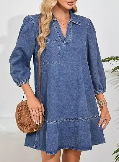 V-Neck Denim Dress — Where Comfort Meets Classic Style