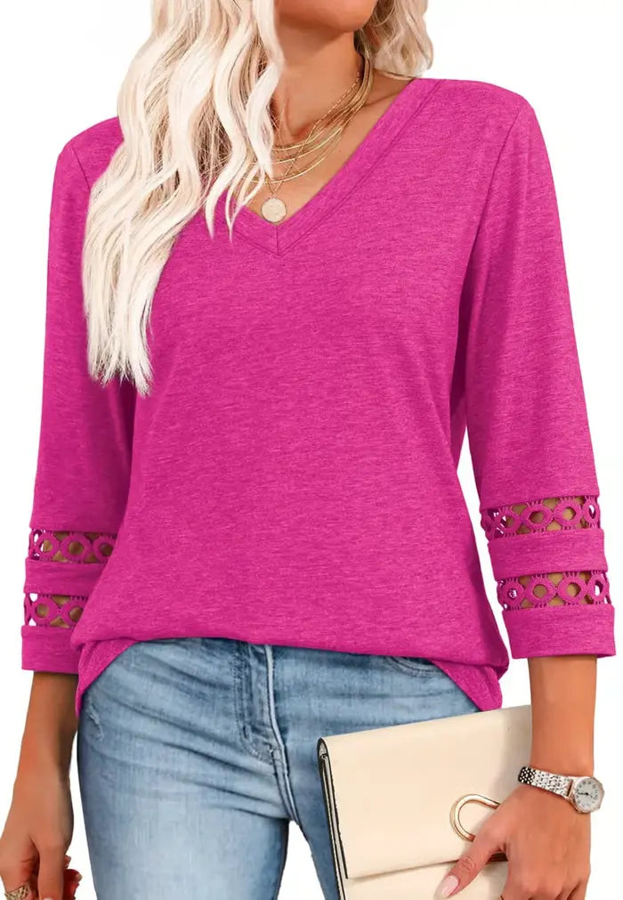 2025 New Womens 3/4 Length Sleeve Tops Trendy V Neck T Shirts