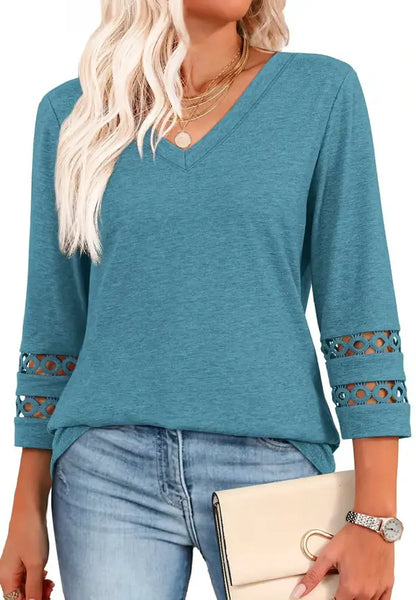 2025 New Womens 3/4 Length Sleeve Tops Trendy V Neck T Shirts