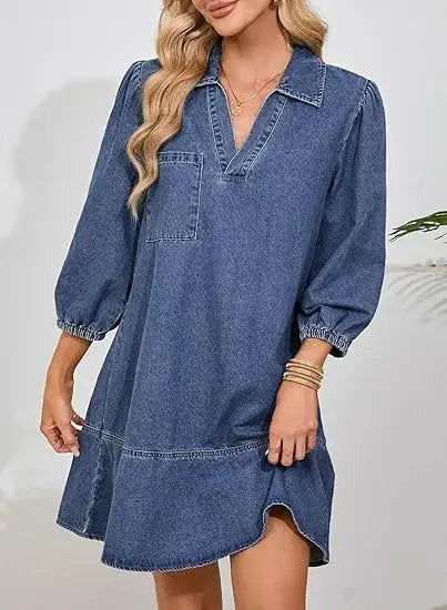 V-Neck Denim Dress — Where Comfort Meets Classic Style