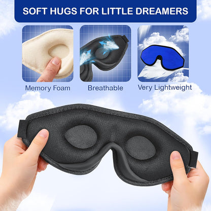 3D Sleep Mask for Kids, Light Block Sleeping Blindfold Memory Foam Contoured Eye Mask for Sleep, Adjustable Strap Eye Cover and Travel Sleep Mask for Boys Girls