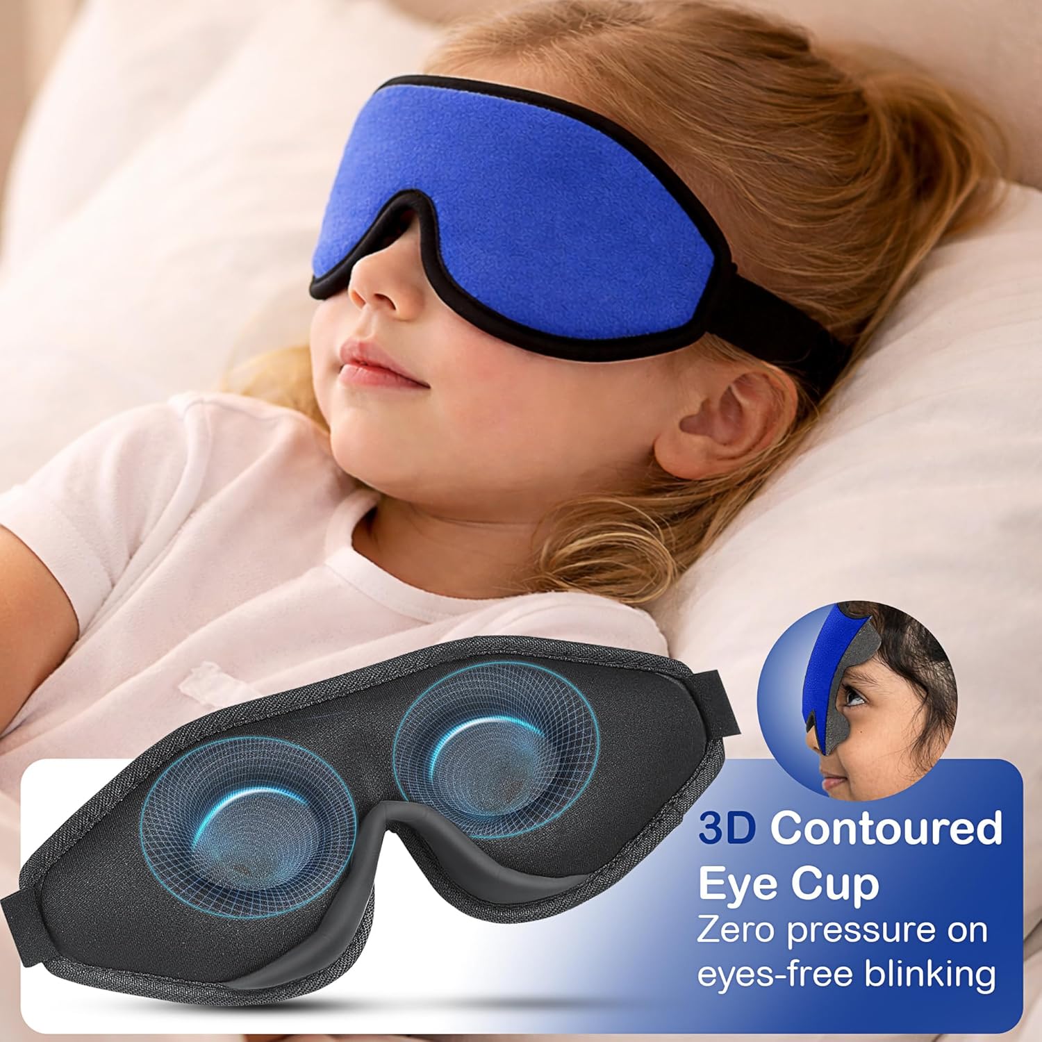 3D Sleep Mask for Kids, Light Block Sleeping Blindfold Memory Foam Contoured Eye Mask for Sleep, Adjustable Strap Eye Cover and Travel Sleep Mask for Boys Girls